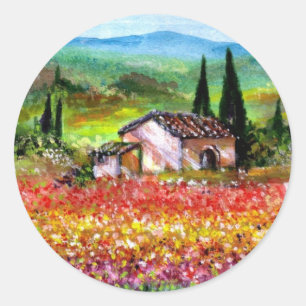 STICKER ROND PRINTEMPS EN TOSCANE / CHAMPS DE FLEURS COLORÉS