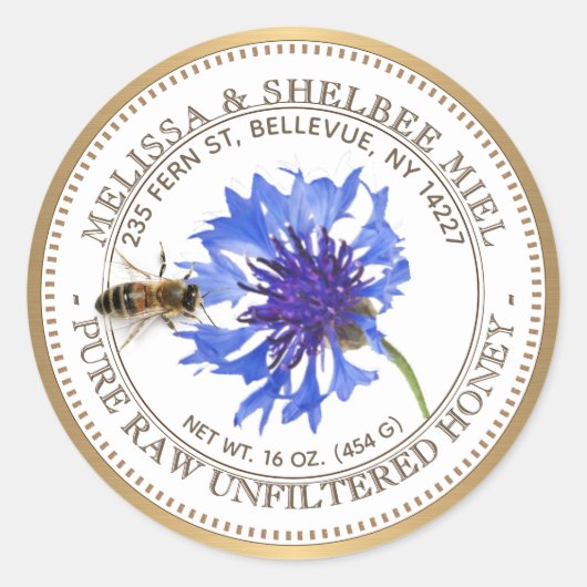 Sticker Rond Produit de miel modifiable Fleur bleue Abeille Bor (Devant)