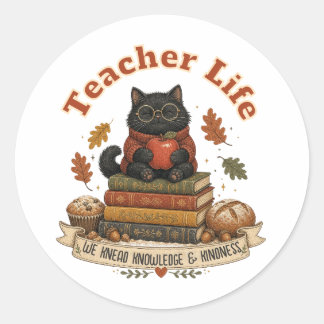 Sticker Rond Professeur de chat noir d'automne Vie de classe pe