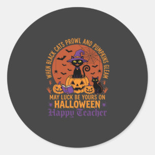 Sticker Rond Professeur Halloween Chat Noir Citrouille Chance