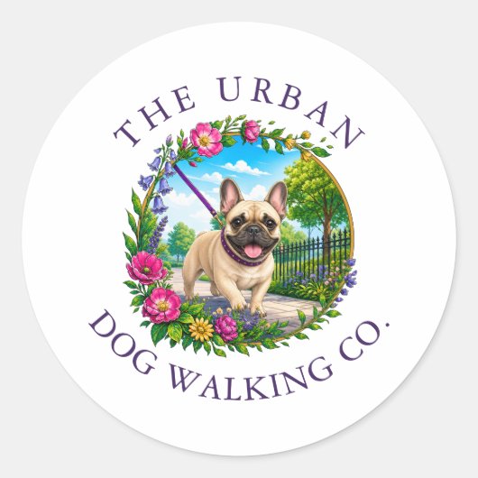 Sticker Rond Promenade de chien Bouledogue Français Garderie (Devant)