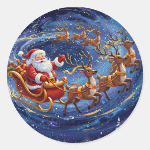 Sticker Rond Promenade en traîneau de Santa – Noël magique