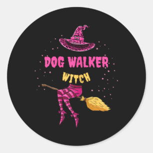Sticker Rond Promeneuse de chien Sorcière Halloween Promeneuse