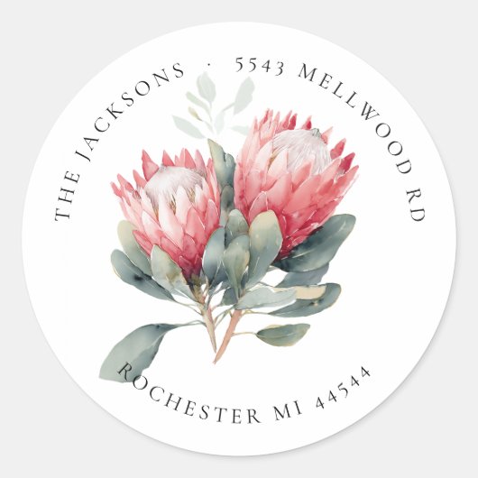 Sticker Rond Protea Blush Watercolor Flowers Adresse de retour (Devant)
