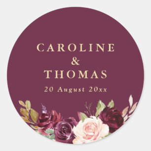 Sticker Rond prune violette & pêche mariage floral classique ro