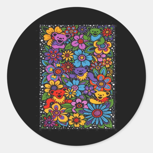 Sticker Rond Psychedelic Flowers Dancing Bears Coloured Gratefu (Devant)
