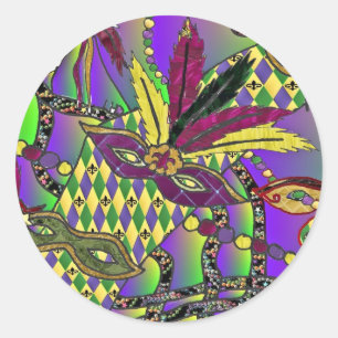 Sticker Rond Psychédélique Mardi Gras Plumes Masques Cadeaux Vê