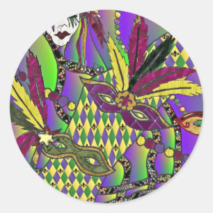 Sticker Rond Psychédélique Mardi Gras Plumes Masques Cadeaux Vê