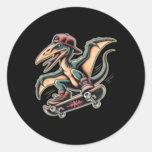 Sticker Rond Ptérodactyle de dinosaure de dessin animé de skate (Devant)