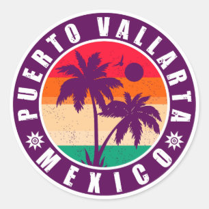 Sticker Rond Puerto Vallarta Palm Tree Souvenir Rétro 80s