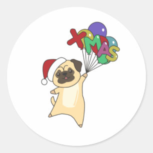 Sticker Rond Pug Christmas Snow Winter Animals Dogs
