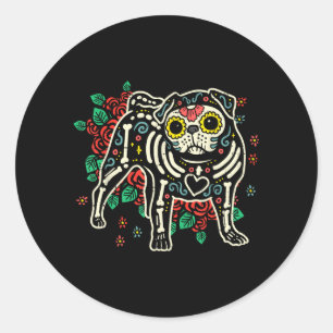 Sticker Rond Pug Crâne de Sucre Dia De Los Muertos Halloween Ch