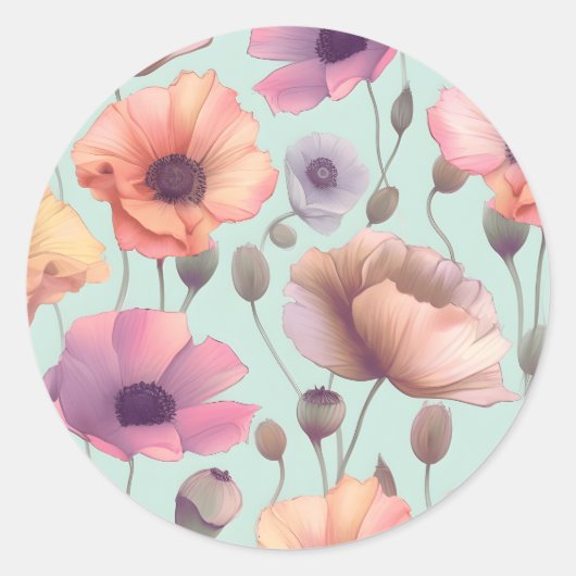 Sticker Rond Puissance des fleurs avec motifs de pavot pastel (Devant)