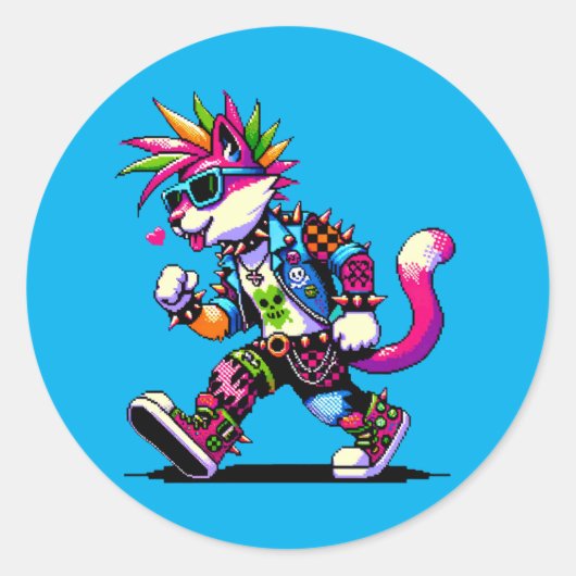 Sticker Rond Punk Attitude Chat - Pixel Cool Art Rebel Design (Devant)