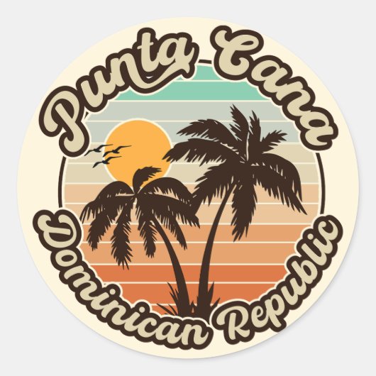 Sticker Rond Punta Cana Dominicaine Palm Tree Retro Sunset 80s (Devant)