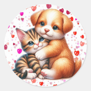 Sticker Rond Puppy & Kitty Hug Valentine's Day mignonne