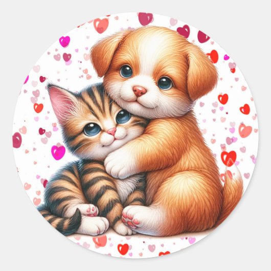 Sticker Rond Puppy & Kitty Hug Valentine's Day mignonne (Devant)