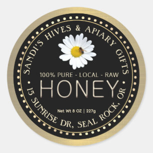 Sticker Rond PURE HONEY RAW LOCAL en or noir avec marguerite et