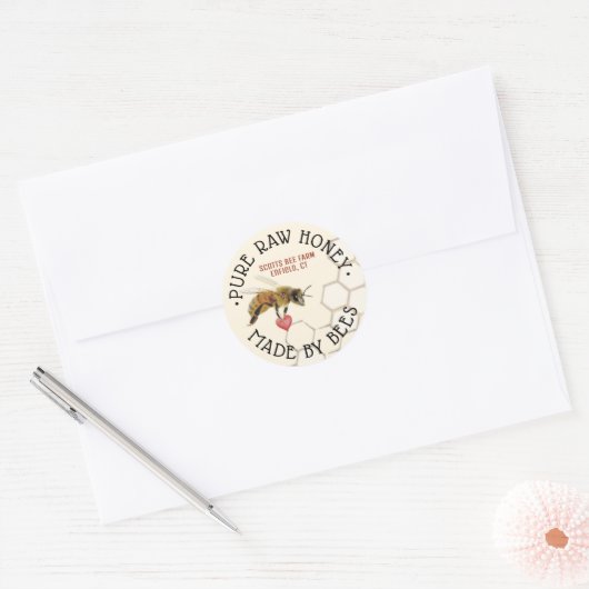 Sticker Rond PURE RAW HONEY Honeybee Honeycomb et Heart Classi (Enveloppe)