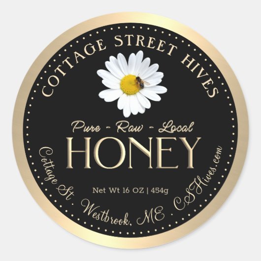 Sticker Rond Pure Raw Local Honey Daisy Bee Black Gold Bordure (Devant)