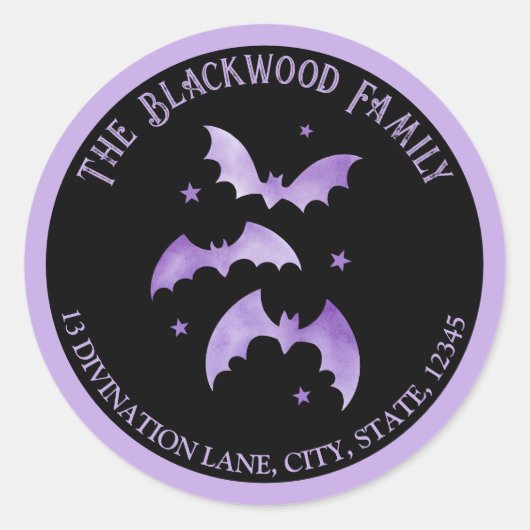 Sticker Rond Purple Bats Halloween Adresse de retour (Devant)
