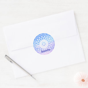 Sticker Rond Purple, Blanc Et Bleu Espace Floral Mandala