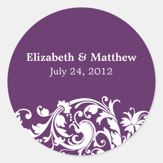 Sticker Rond Purple & Blanc Flourish Swirl Mariage Favoriser Ét (Devant)