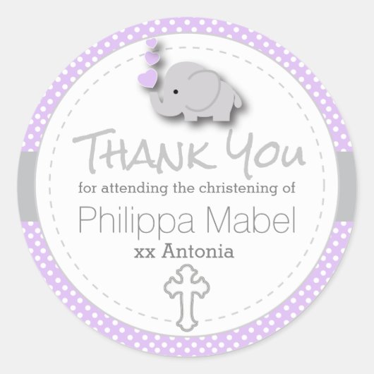 Sticker Rond Purple, Blanc, Grey 🐘 Elephant Baby Christening (Devant)