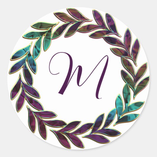 Sticker Rond Purple bleu vert Wreath Design Monogramme initial (Devant)