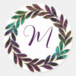 Sticker Rond Purple bleu vert Wreath Design Monogramme initial