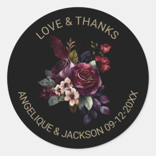 Sticker Rond Purple Bourgogne Floral noir Mariage Merci