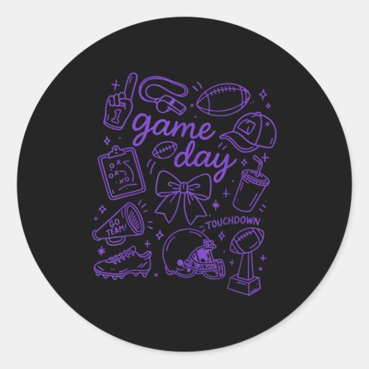Sticker Rond Purple Coquette Bow Cheer Game Day Doodle Touchdow (Devant)
