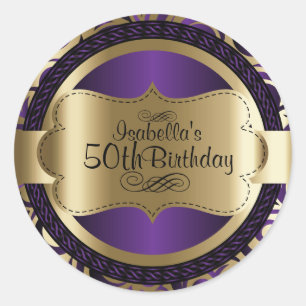 Sticker Rond Purple et Gold Swirl Anniversaire Abstrait