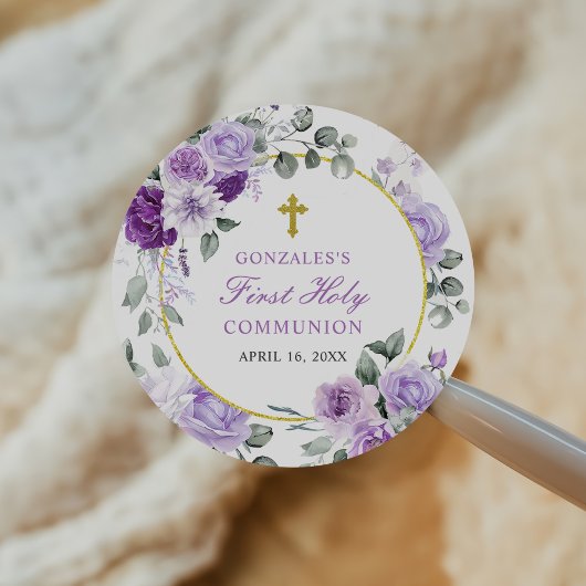 Sticker Rond Purple Floral Girl First Holy Communion