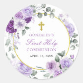 Sticker Rond Purple Floral Girl First Holy Communion (Devant)