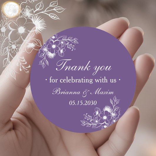 Sticker Rond Purple Floral Wedding Thank You