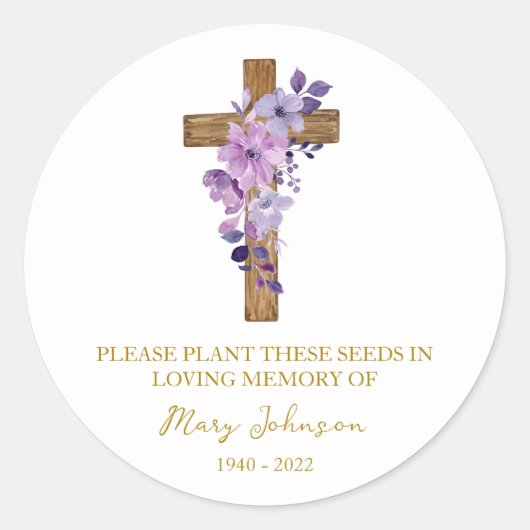 Sticker Rond Purple Flower Cross Memorial Funeral Seed Packet (Devant)