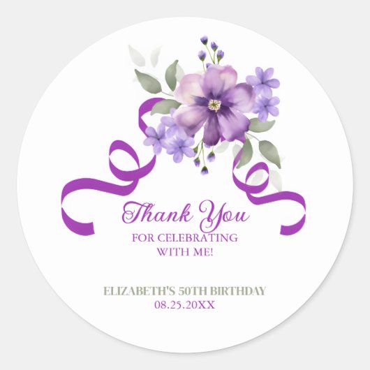 Sticker Rond Purple Flower Greenery Ribbon Birthday (Devant)