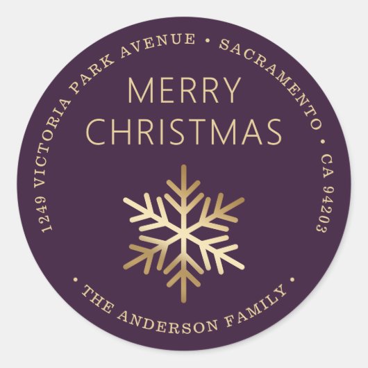 Sticker Rond Purple Gold Christmas Snowflake Return Address (Devant)