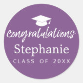 Sticker Rond Purple Graduation Cap félicitations script moderne (Devant)