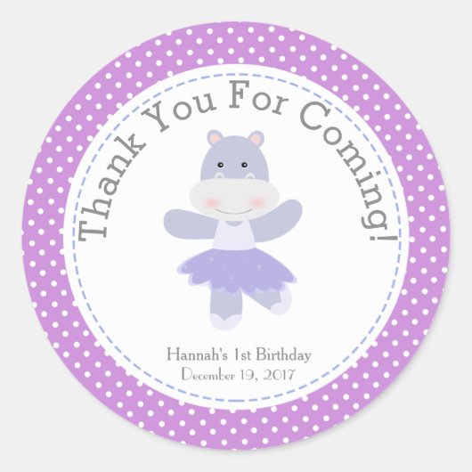 Sticker Rond Purple Hippo Ballerina fête d'anniversaire Merci (Devant)