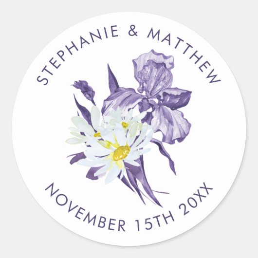 Sticker Rond Purple Iris White Daisy Botanical Mariage Classic (Devant)