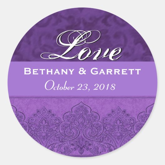 Sticker Rond Purple Love Bride et Groom Date F202 (Devant)