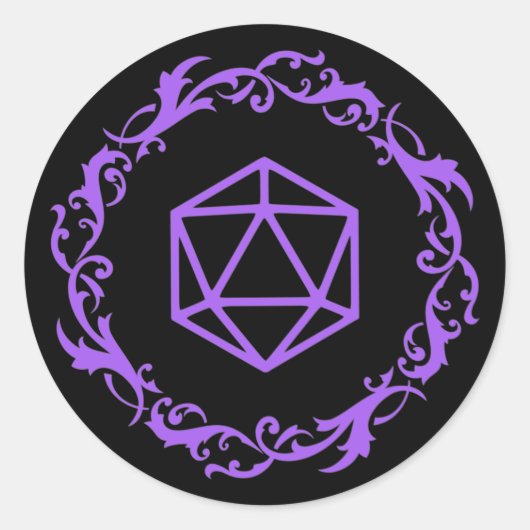 Sticker Rond Purple Magical D20 Dice of Wizard Tabletop RPG (Devant)