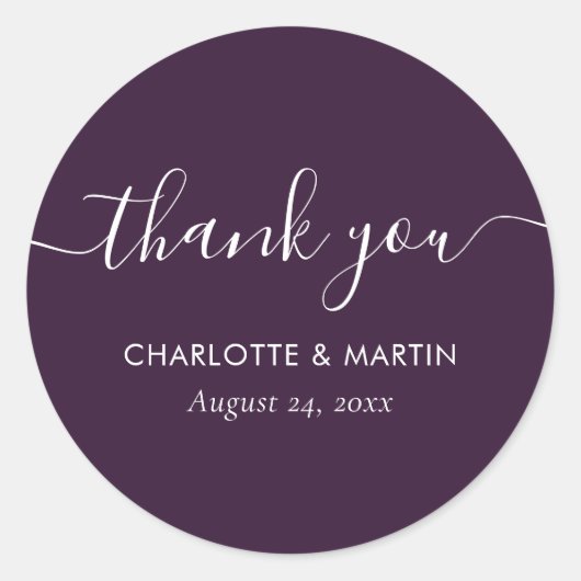 Sticker Rond Purple Modern Script Wedding Shower Thank You (Devant)