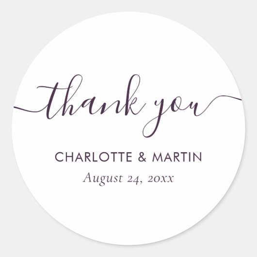 Sticker Rond Purple Modern Script Wedding Thank You (Devant)