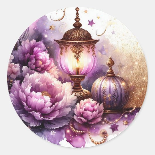 Sticker Rond Purple Peonies Lavender Lamp Light Watercolor (Devant)