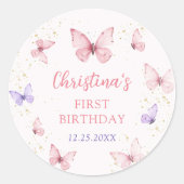 Sticker Rond Purple Pink Bow Butterfly Birthday Party (Devant)