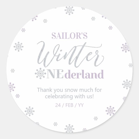 Sticker Rond Purple & Silver Winter onederland Merci Favoriser (Devant)