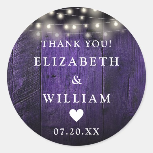 Sticker Rond Purple String éclaire Rustique Bois Mariage Faveur (Devant)
